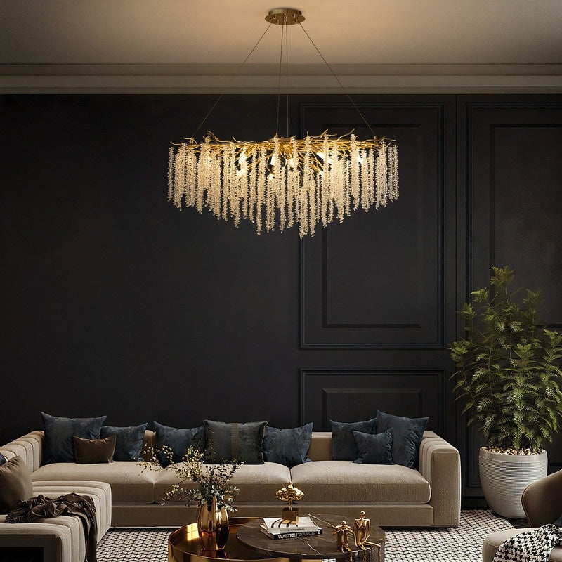 Lustre rectangulaire moderne en cristal doré de 101,6 cm (40 po) avec branches d'arbre, suspension pour îlot de cuisine ou salle à manger.