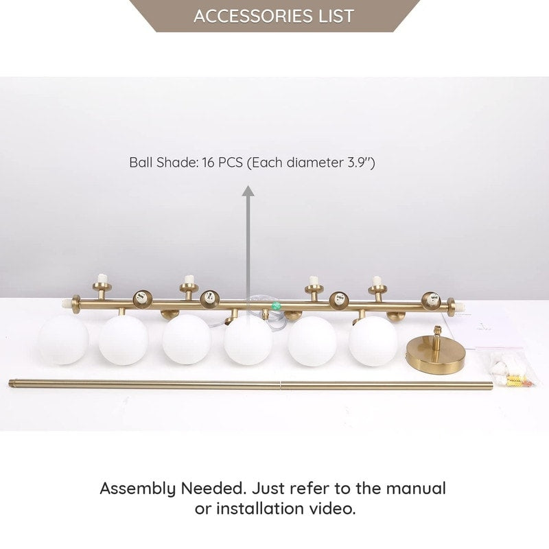 Lustre linéaire moderne du milieu du siècle de 101,6 cm (40 po), suspension Sputnik en laiton doré à 16 lumières avec globe en verre dépoli pour salle à manger