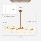 Lustre linéaire moderne du milieu du siècle de 101,6 cm (40 po), suspension Sputnik en laiton doré à 16 lumières avec globe en verre dépoli pour salle à manger