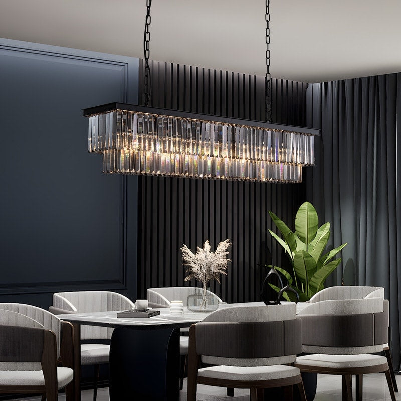 Lustre moderne contemporain en cristal gris fumé et noir à deux niveaux, suspension linéaire pour îlot de cuisine ou salle à manger, 119 cm (47 po).