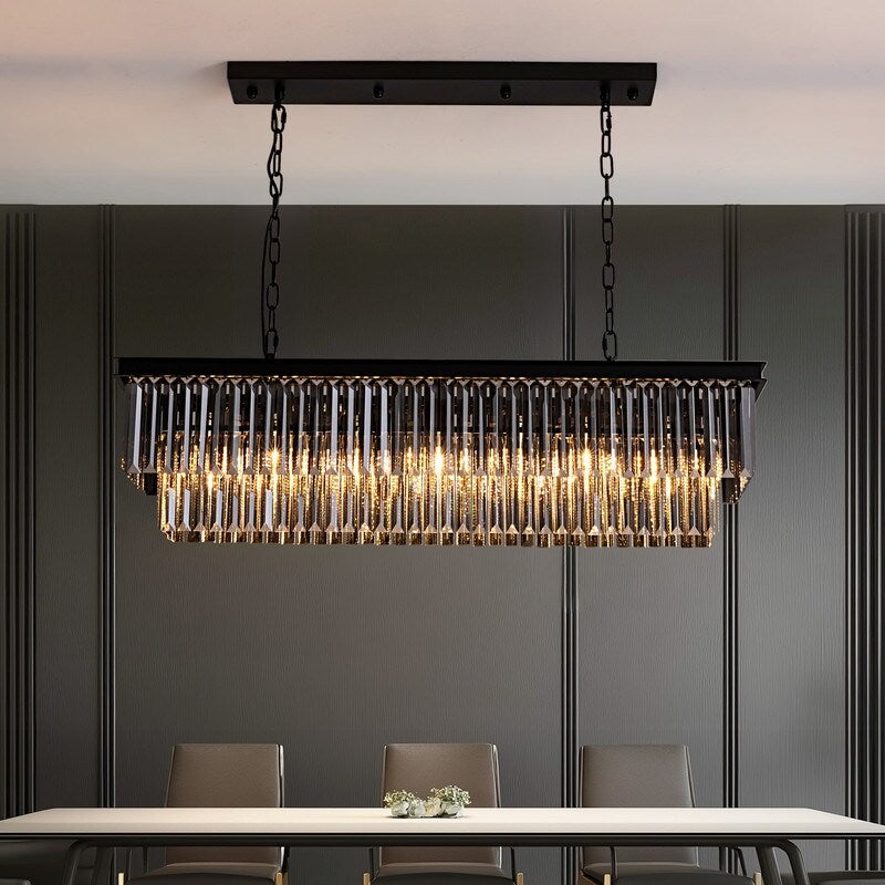 Lustre moderne contemporain en cristal gris fumé et noir à deux niveaux, suspension linéaire pour îlot de cuisine ou salle à manger, 119 cm (47 po).
