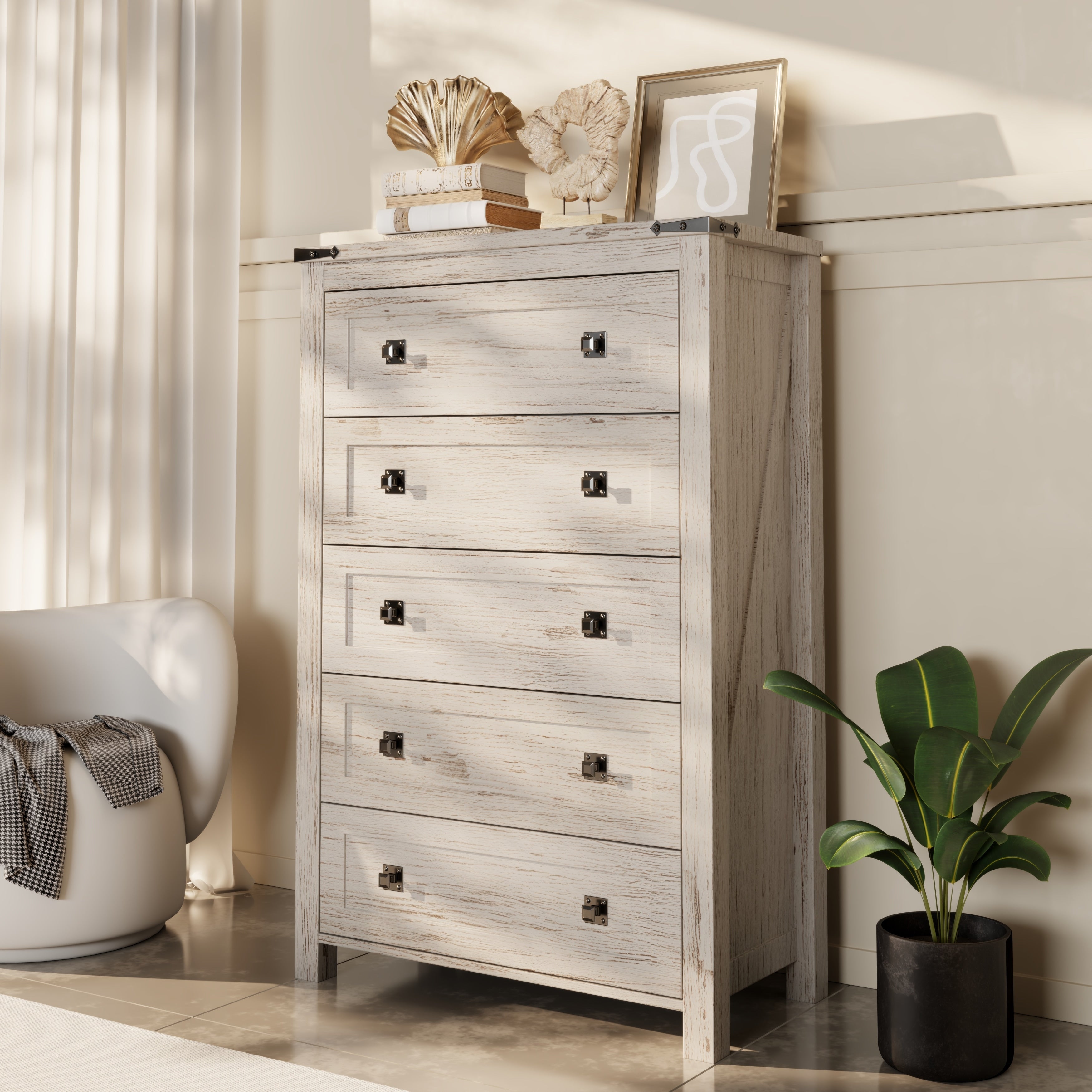 Commode de ferme en bois à 5 tiroirs de 48 pouces de haut, idéale pour une chambre à coucher.