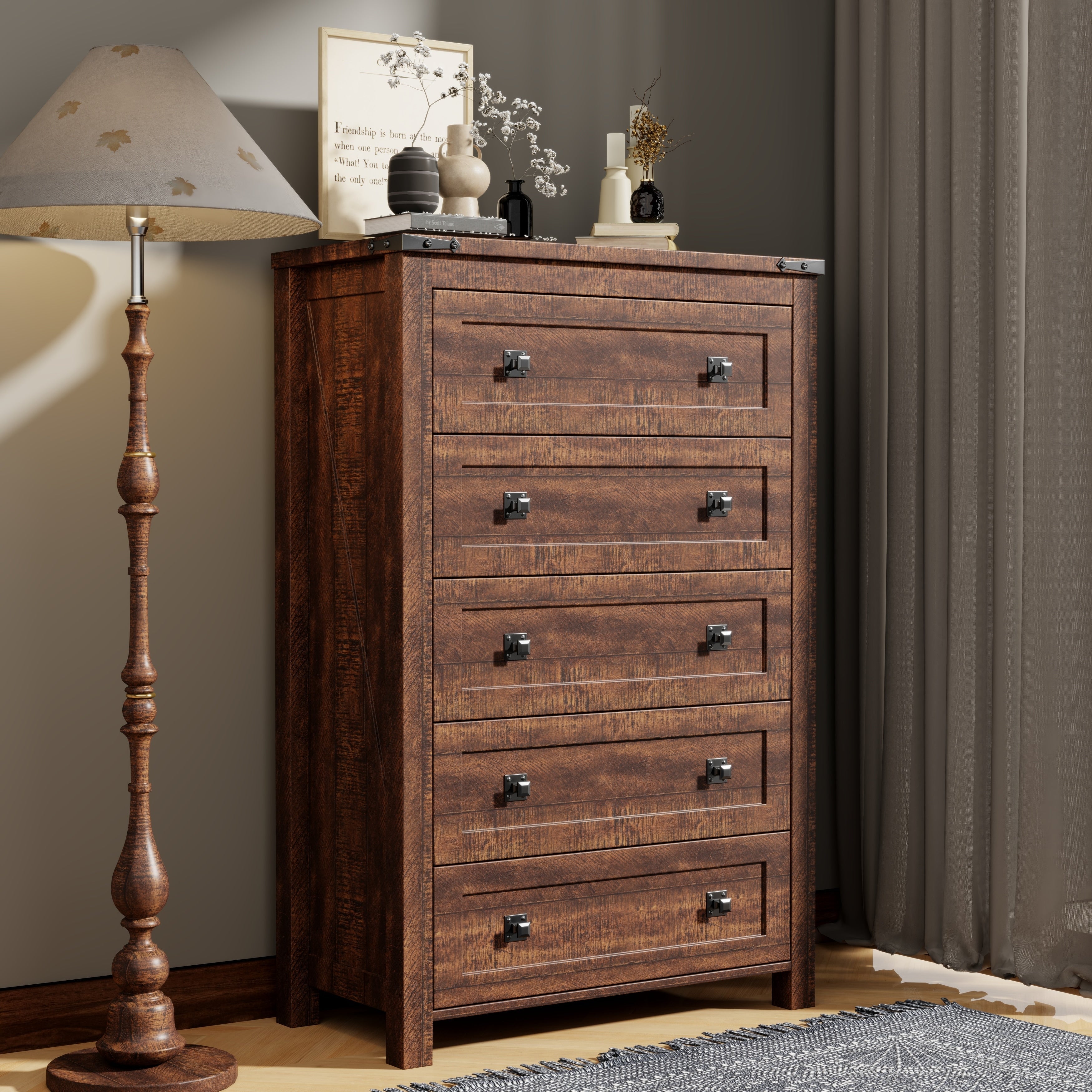 Commode de ferme en bois à 5 tiroirs de 48 pouces de haut, idéale pour une chambre à coucher.