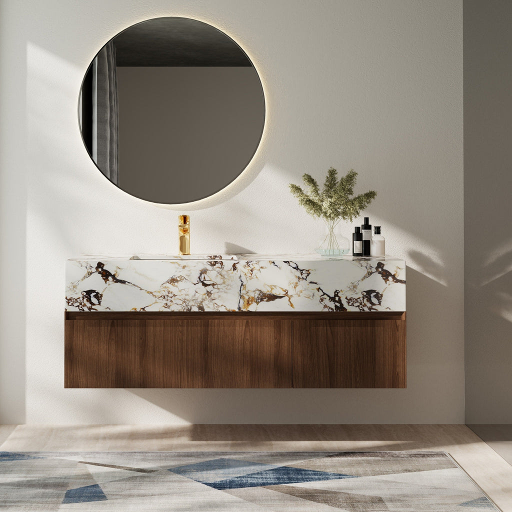 Meuble-lavabo simple moderne de 122 cm (48 po), avec comptoir en faux marbre brillant et structure en bois massif.