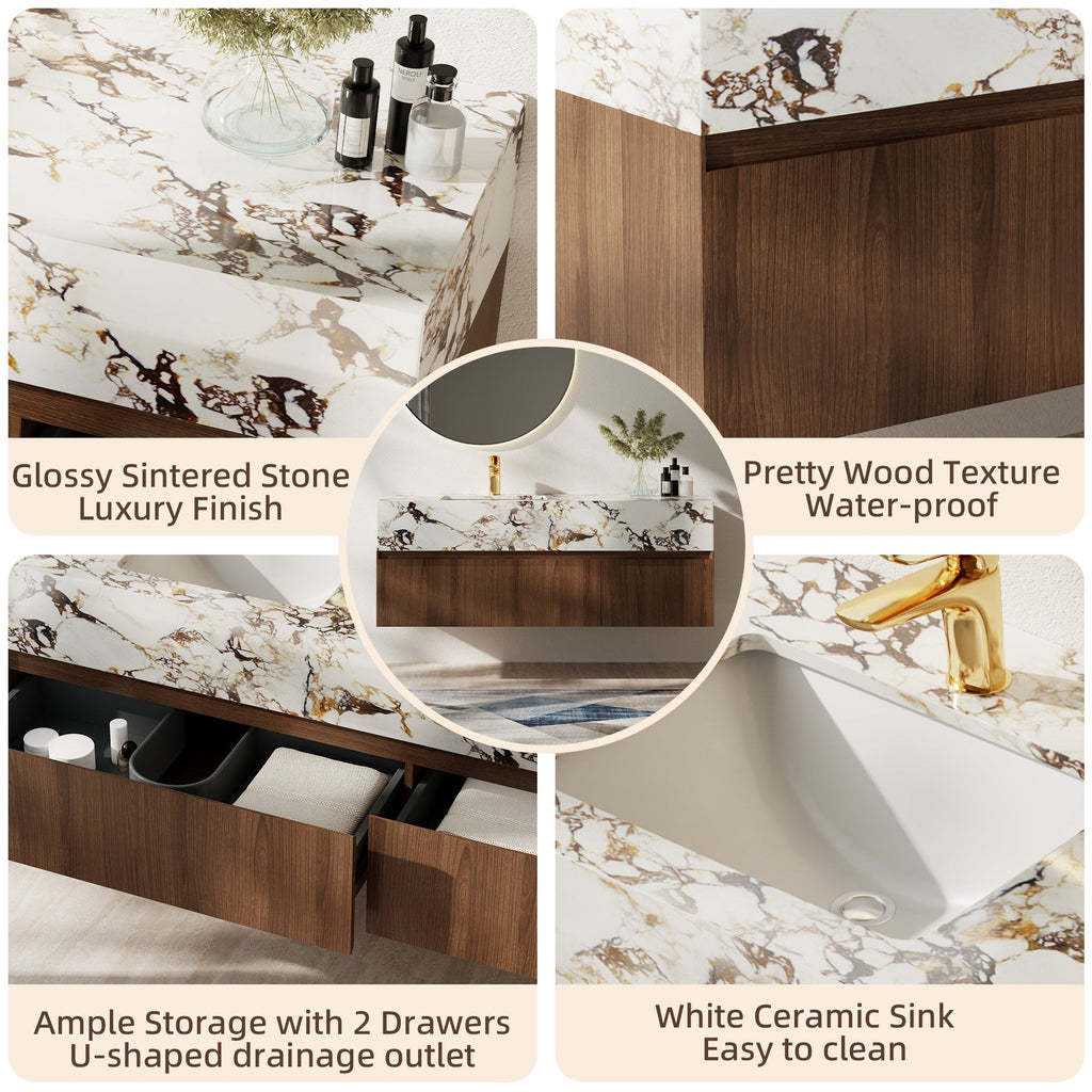 Meuble-lavabo simple moderne de 122 cm (48 po), avec comptoir en faux marbre brillant et structure en bois massif.