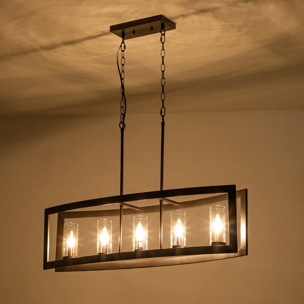 Lustre linéaire industriel moderne à 5 lumières pour salle à manger, style campagnard, cylindre en verre transparent, luminaires pour îlot de cuisine