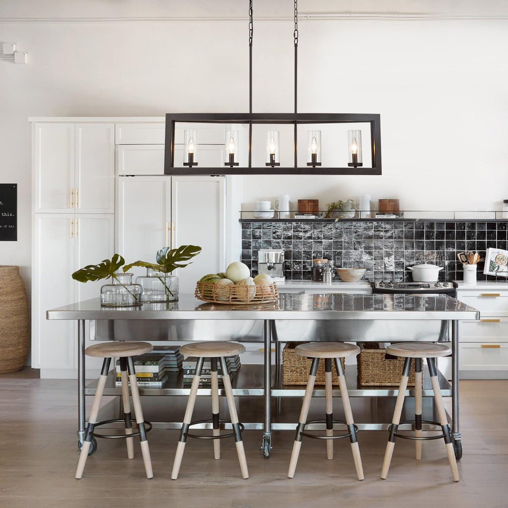 Lustre linéaire industriel moderne à 5 lumières pour salle à manger, style campagnard, cylindre en verre transparent, luminaires pour îlot de cuisine