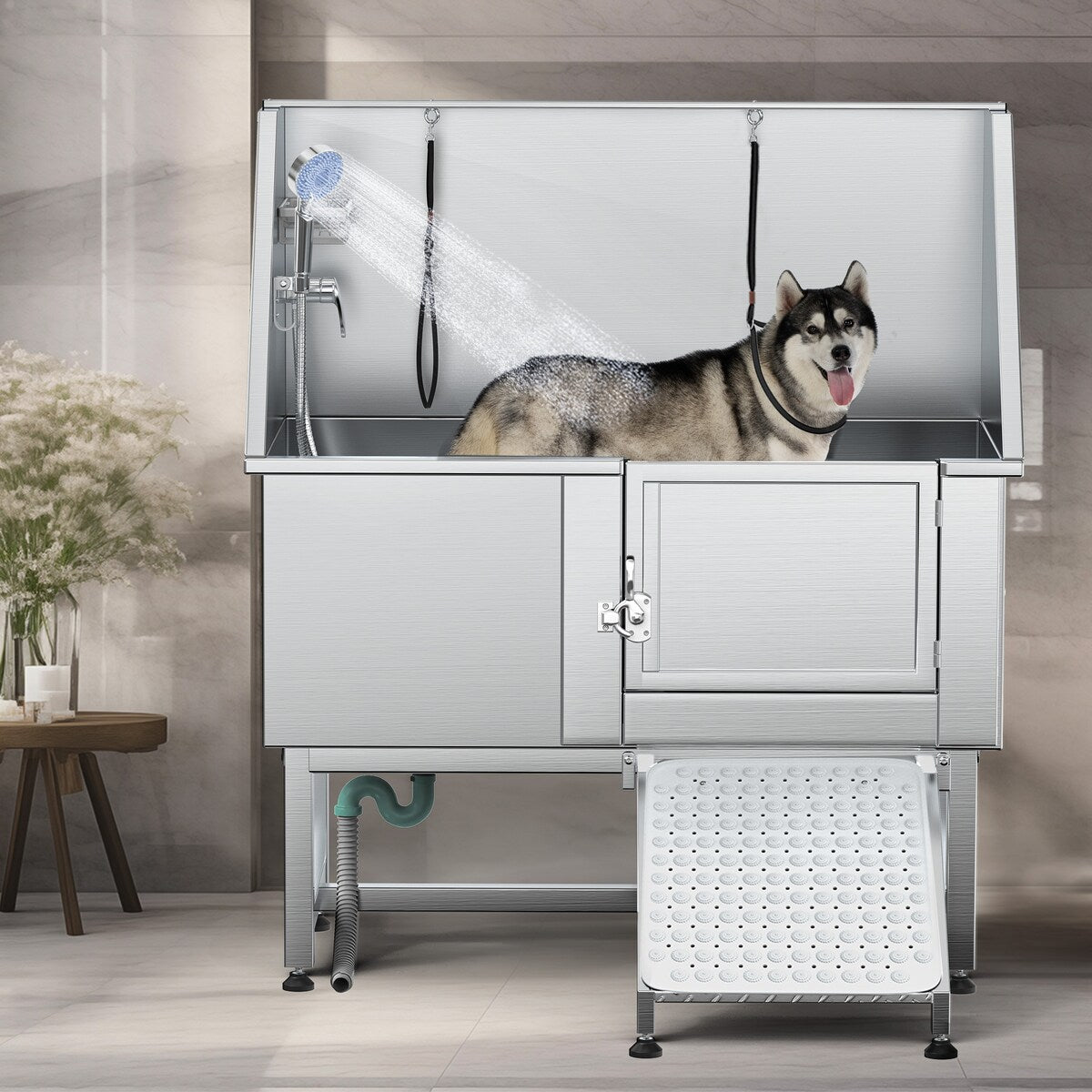 Baignoire de toilettage réglable en acier inoxydable de 127 cm (50 po) de largeur avec rampe - Argent