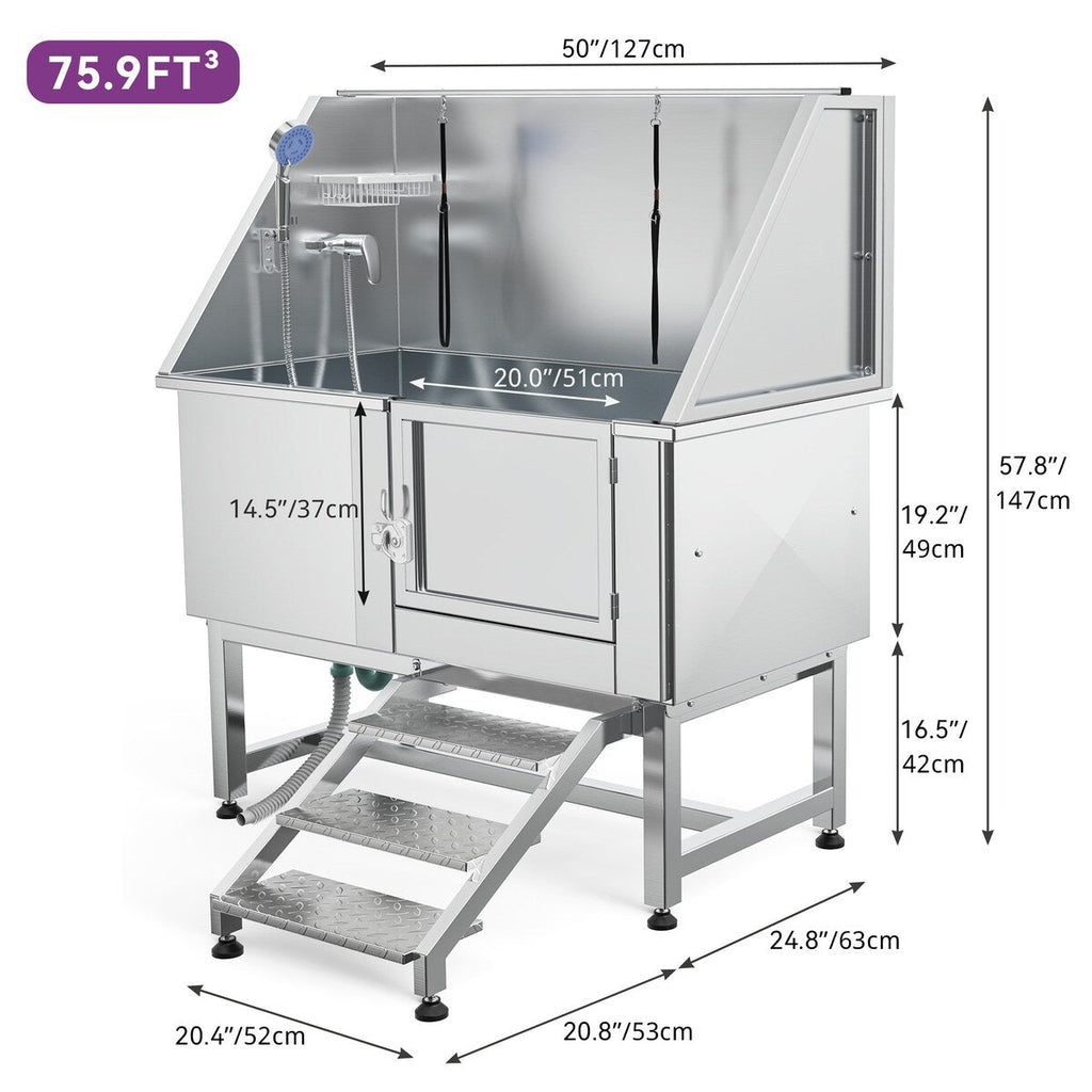 Baignoire de toilettage réglable en acier inoxydable de 127 cm (50 po) de largeur avec rampe d'accès