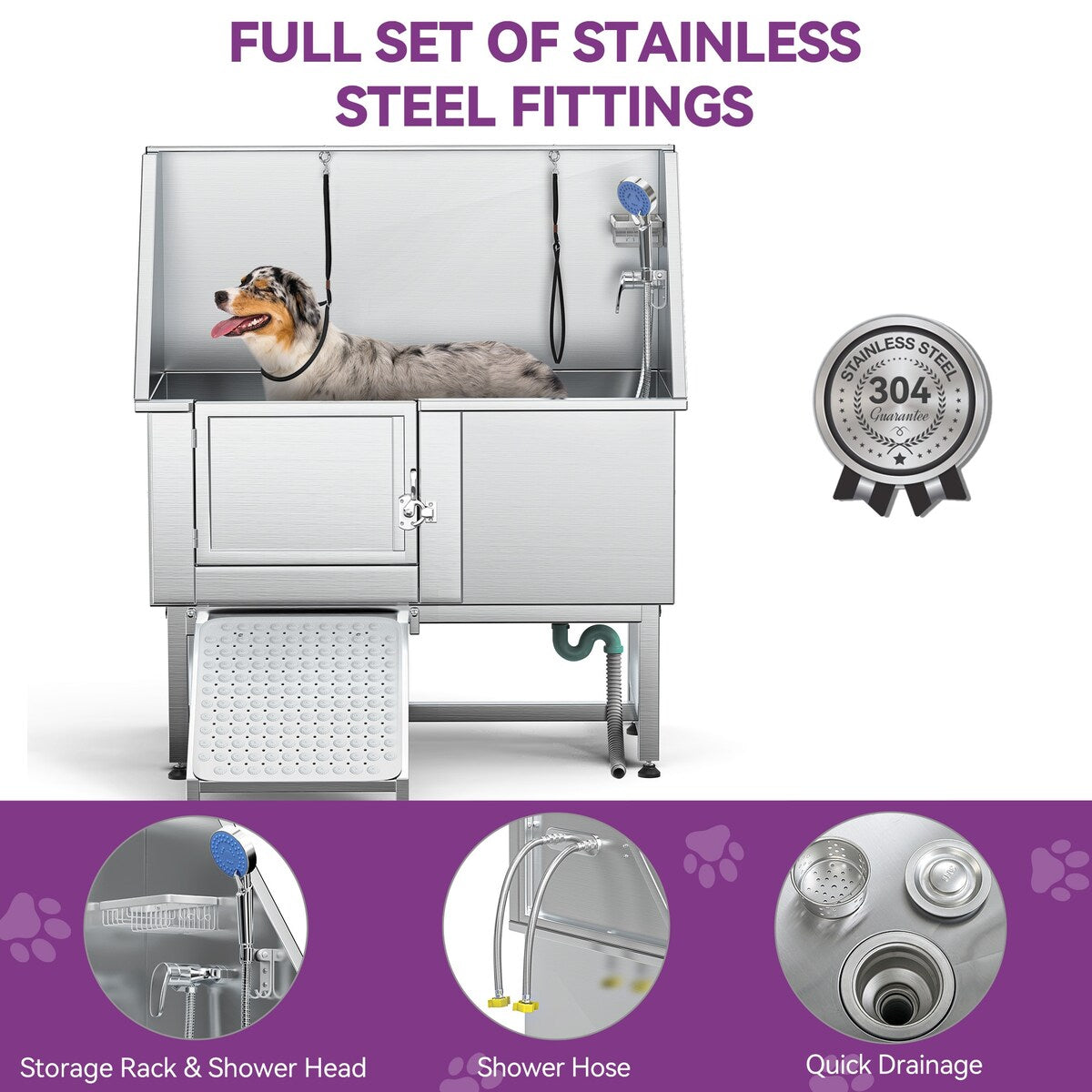 Baignoire de toilettage réglable en acier inoxydable de 127 cm (50 po) de largeur avec rampe d'accès