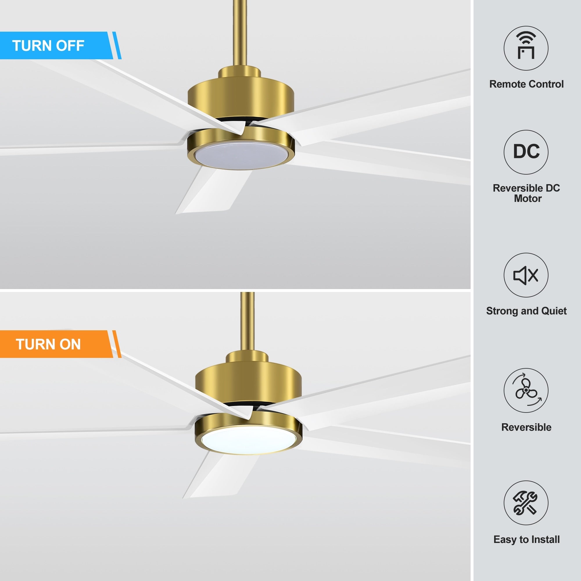 Ventilateur de plafond Breezary 65/52/42 à 5 pales avec éclairage LED, télécommande incluse.