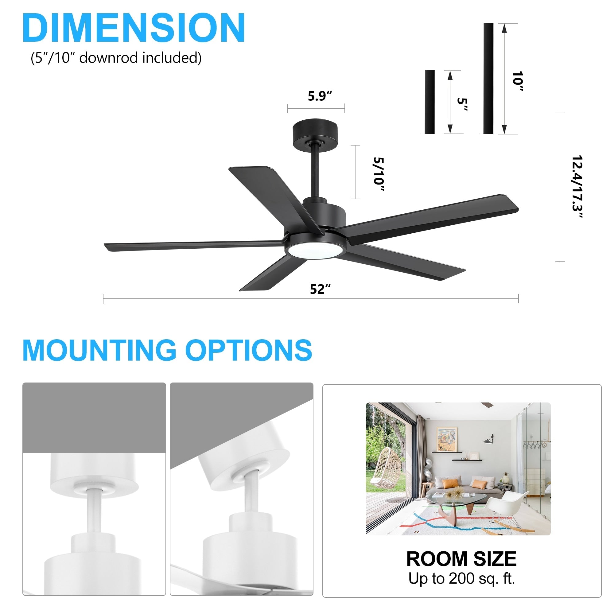 Ventilateur de plafond Breezary 65/52/42 à 5 pales avec éclairage LED, télécommande incluse.