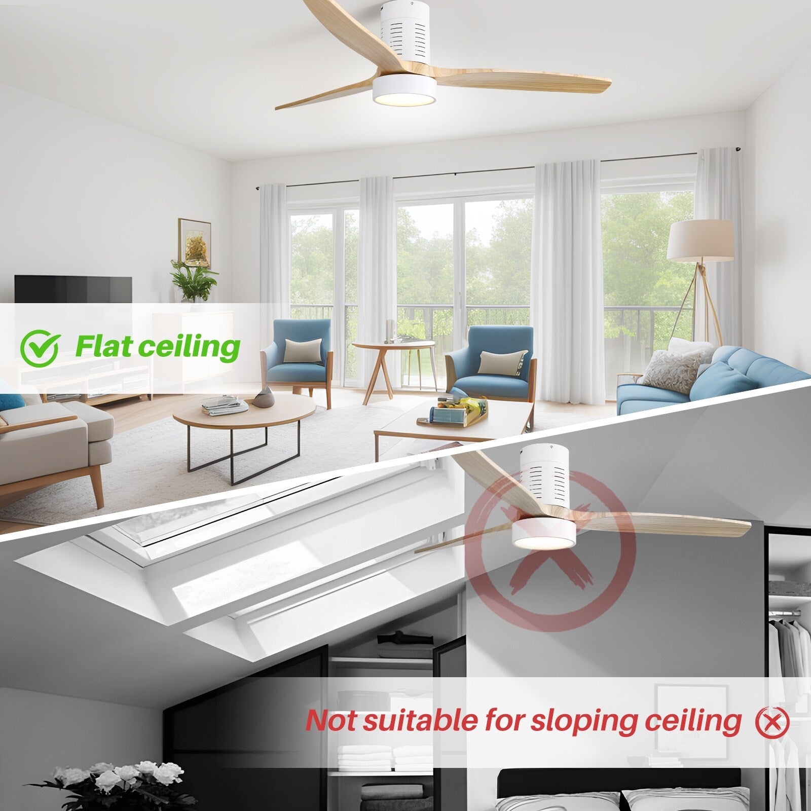 Ventilateur de plafond encastré de style campagnard de 132 cm (52 ​​pouces) avec lumière et télécommande, moteur CC réversible