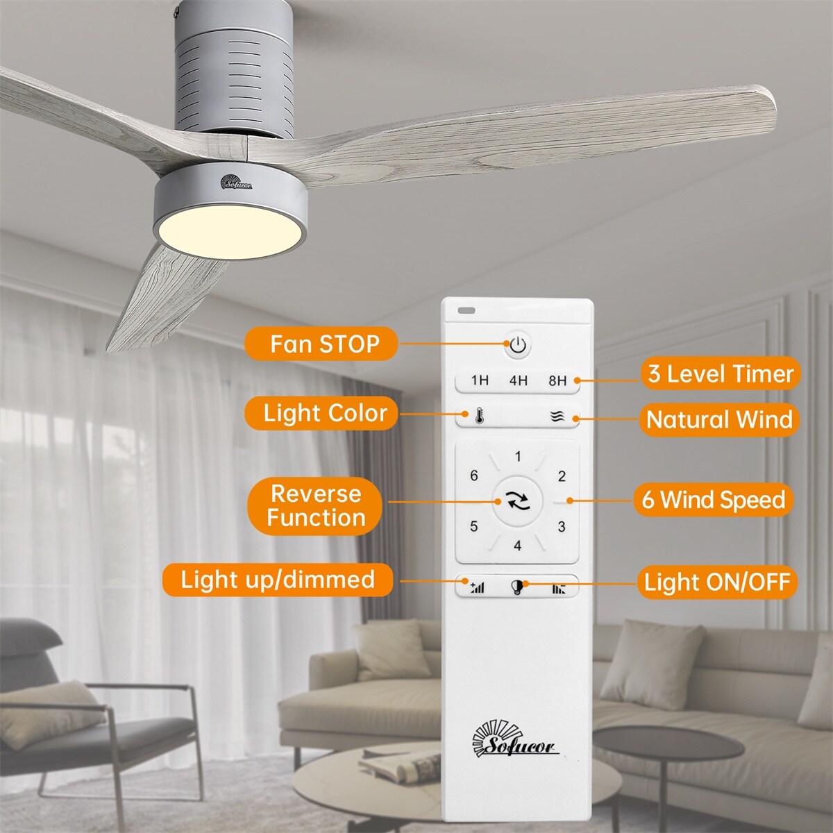 Ventilateur de plafond encastré de style campagnard de 132 cm (52 ​​pouces) avec lumière et télécommande, moteur CC réversible