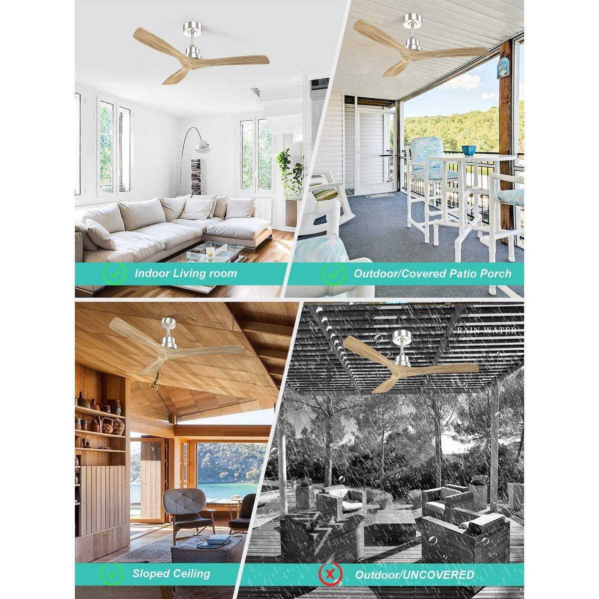 Ventilateur de plafond moderne de 132 cm (52 ​​pouces) en bois massif et ABS avec télécommande (sans éclairage), 6 vitesses de ventilation et flux d'air réversible.