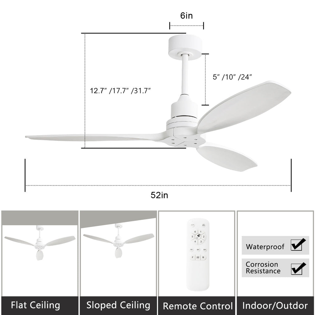 Ventilateur de plafond moderne de 132 cm (52 ​​pouces) en bois massif et ABS avec télécommande (sans éclairage), 6 vitesses de ventilation et flux d'air réversible.