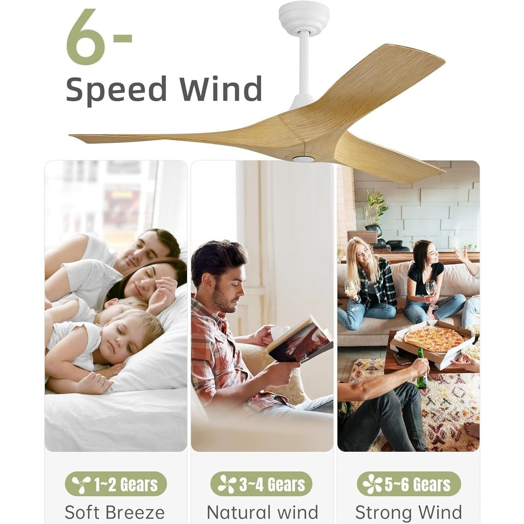 Ventilateur de plafond moderne de 132 cm (52 ​​pouces) en bois massif et ABS avec télécommande (sans éclairage), 6 vitesses de ventilation et flux d'air réversible.