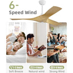 Ventilateur de plafond moderne de 132 cm (52 ​​pouces) en bois massif et ABS avec télécommande (sans éclairage), 6 vitesses de ventilation et flux d'air réversible.