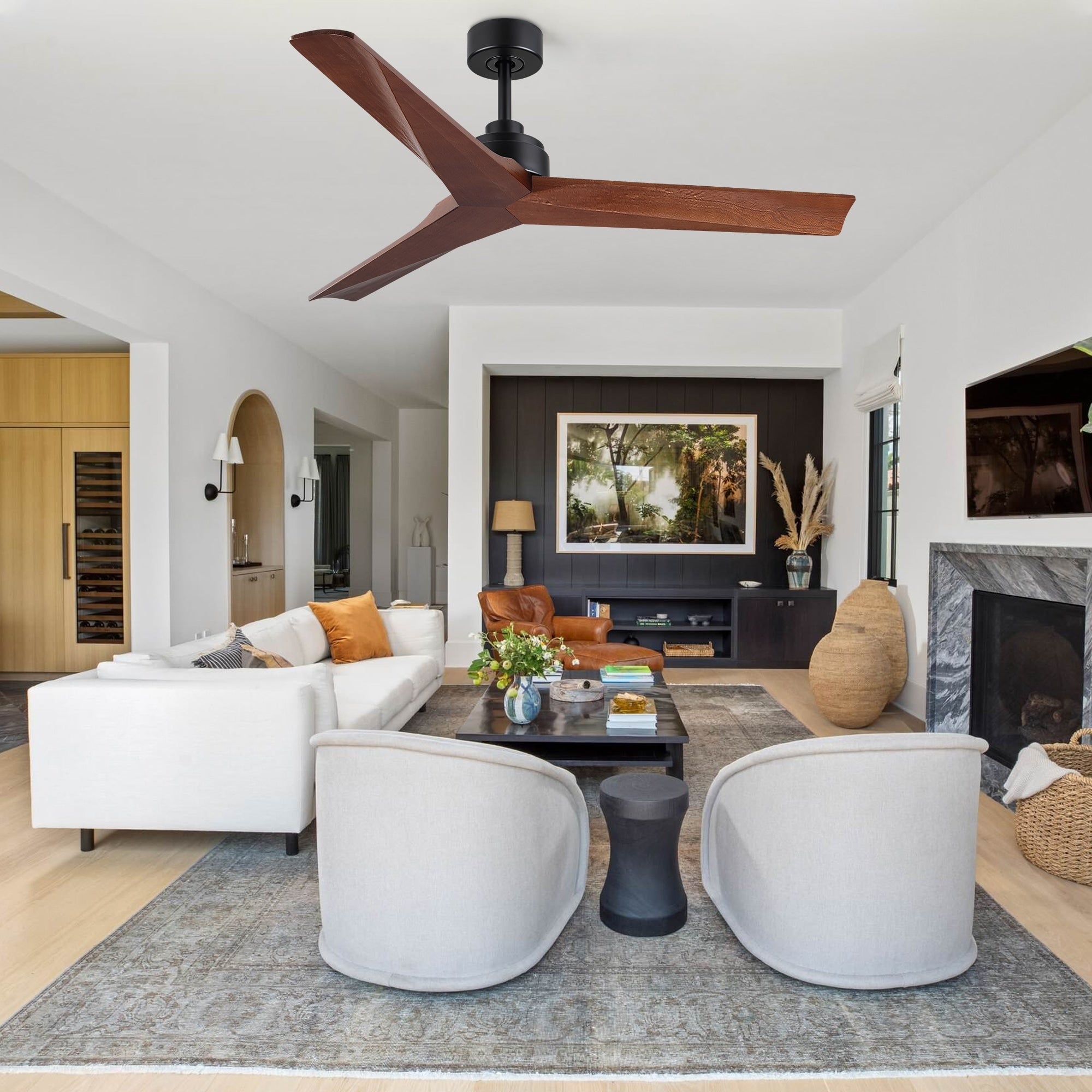 Ventilateur de plafond moderne de 132 cm (52 ​​pouces) en bois massif et ABS avec télécommande (sans éclairage), 6 vitesses de ventilation et flux d'air réversible.