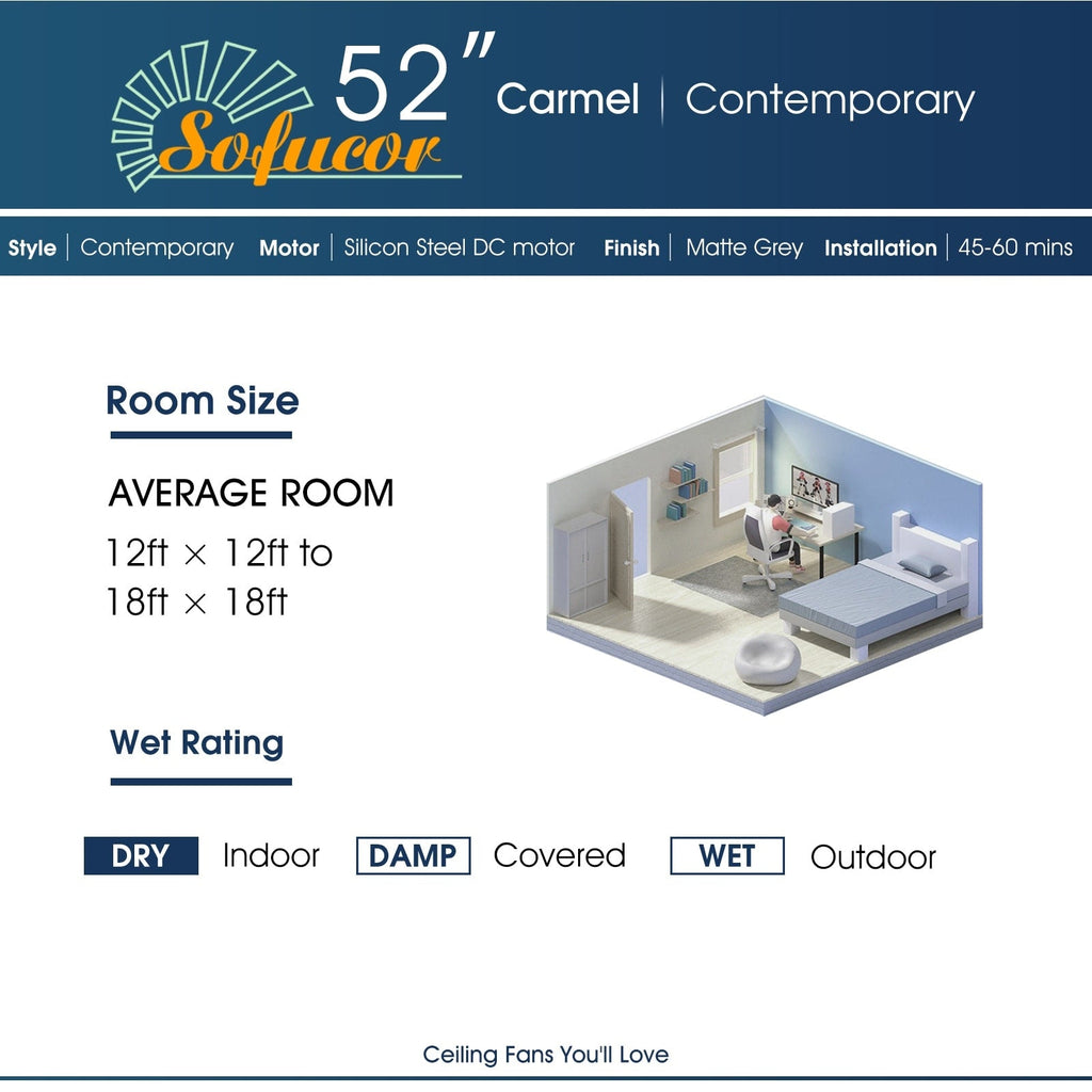 Ventilateur de plafond moderne de 132 cm (52 ​​pouces) en bois massif et ABS avec télécommande (sans éclairage), 6 vitesses de ventilation et flux d'air réversible.