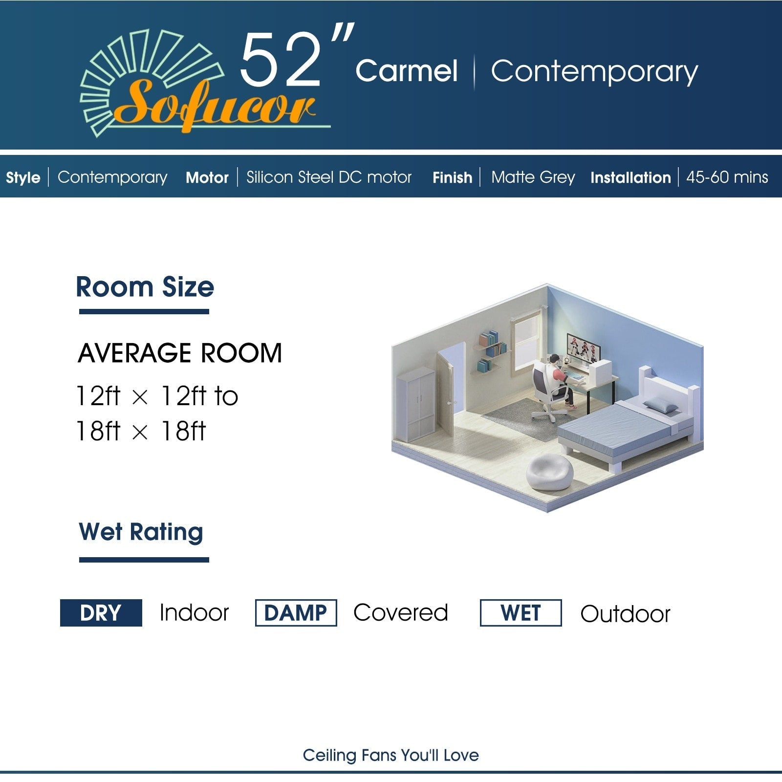 Ventilateur de plafond moderne de 132 cm (52 ​​pouces) en bois massif et ABS avec télécommande (sans éclairage), 6 vitesses de ventilation et flux d'air réversible.