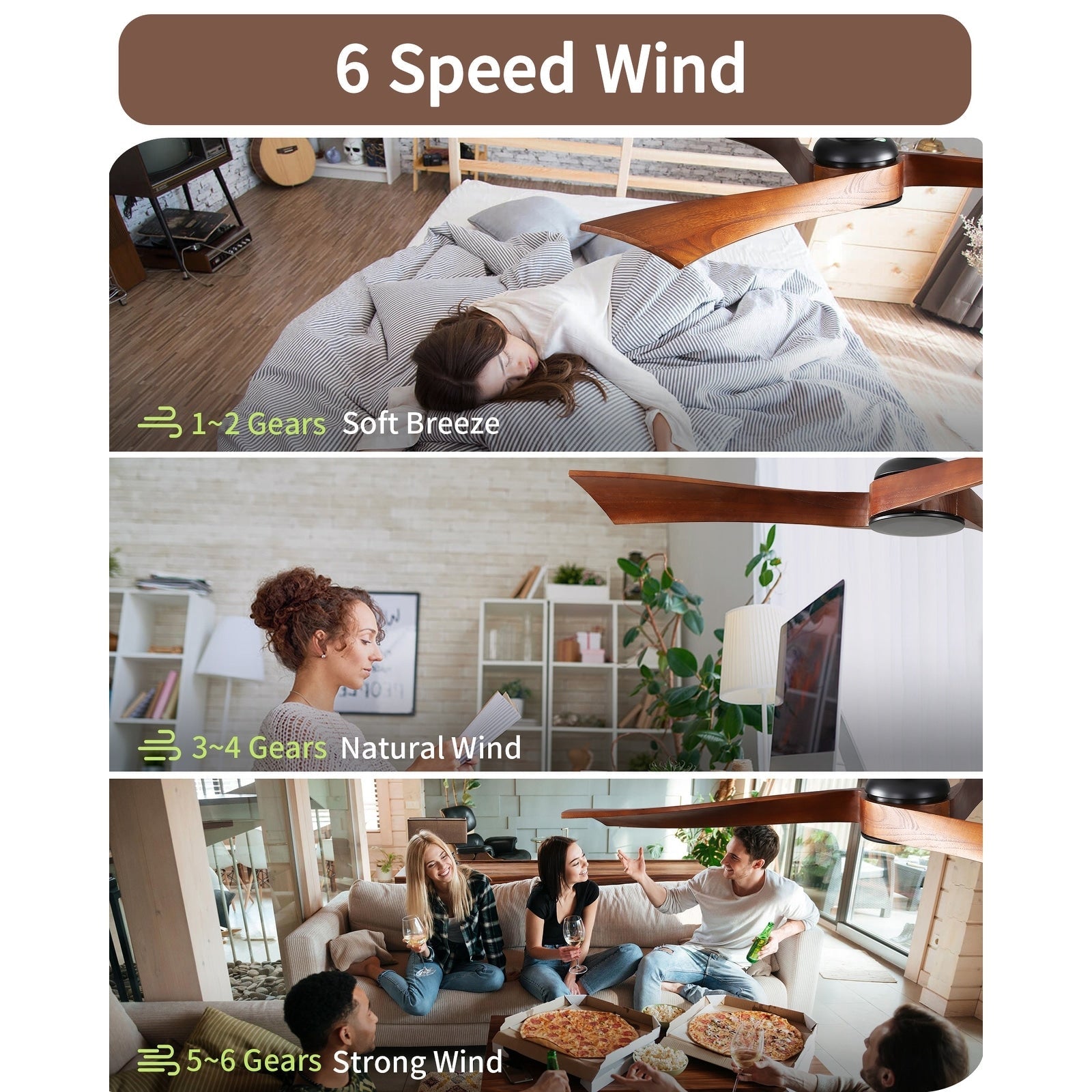 Ventilateur de plafond moderne de 132 cm (52 ​​pouces) en bois massif et ABS avec télécommande (sans éclairage), 6 vitesses de ventilation et flux d'air réversible.