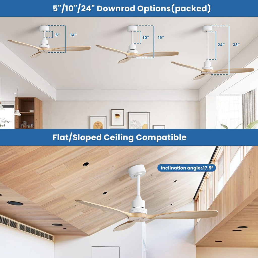 Ventilateur de plafond moderne de 132 cm (52 ​​pouces) en bois massif et ABS avec télécommande (sans éclairage), 6 vitesses de ventilation et flux d'air réversible.
