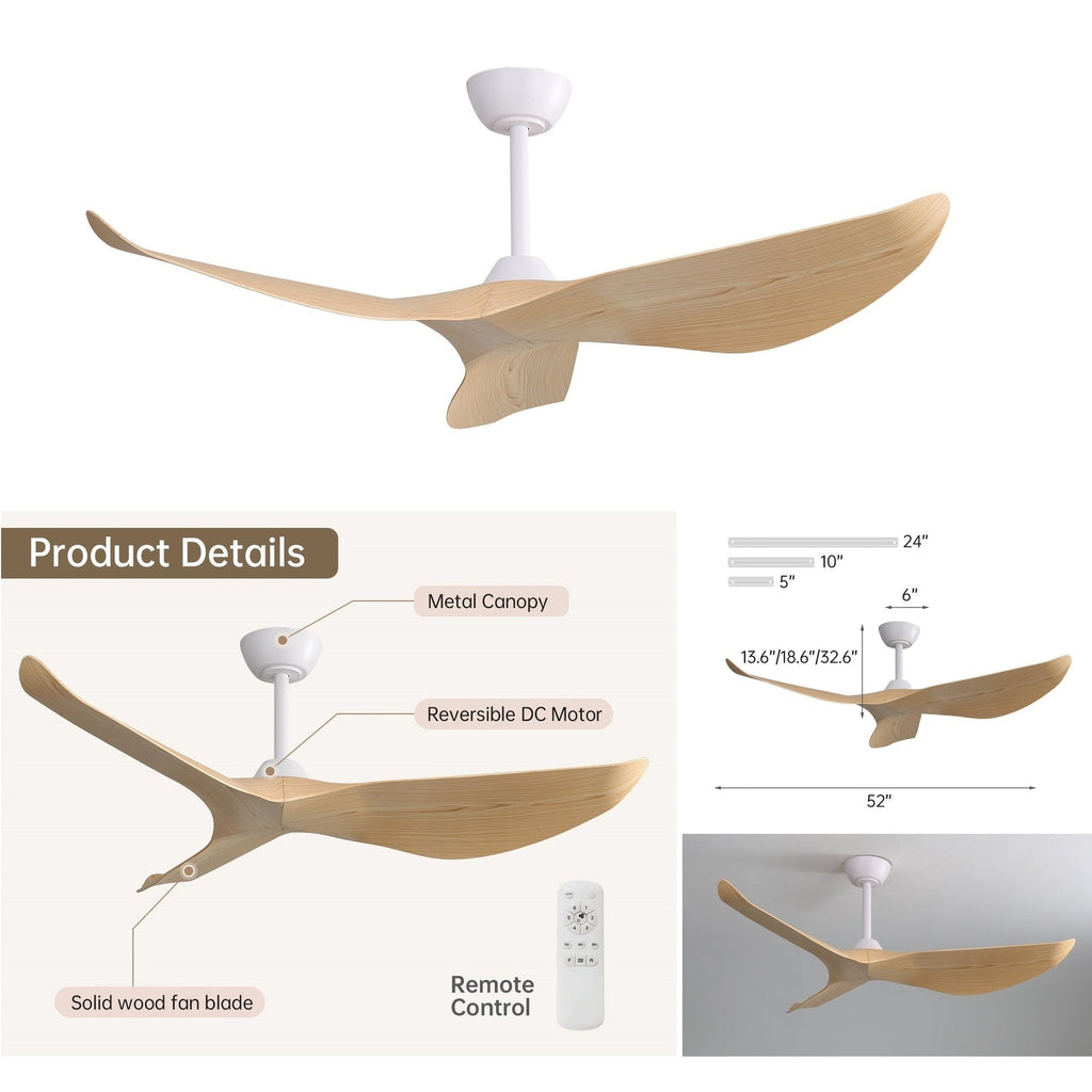 Ventilateur de plafond moderne de 132 cm (52 ​​pouces) en bois massif et ABS avec télécommande (sans éclairage), 6 vitesses de ventilation et flux d'air réversible.