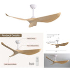 Ventilateur de plafond moderne de 132 cm (52 ​​pouces) en bois massif et ABS avec télécommande (sans éclairage), 6 vitesses de ventilation et flux d'air réversible.