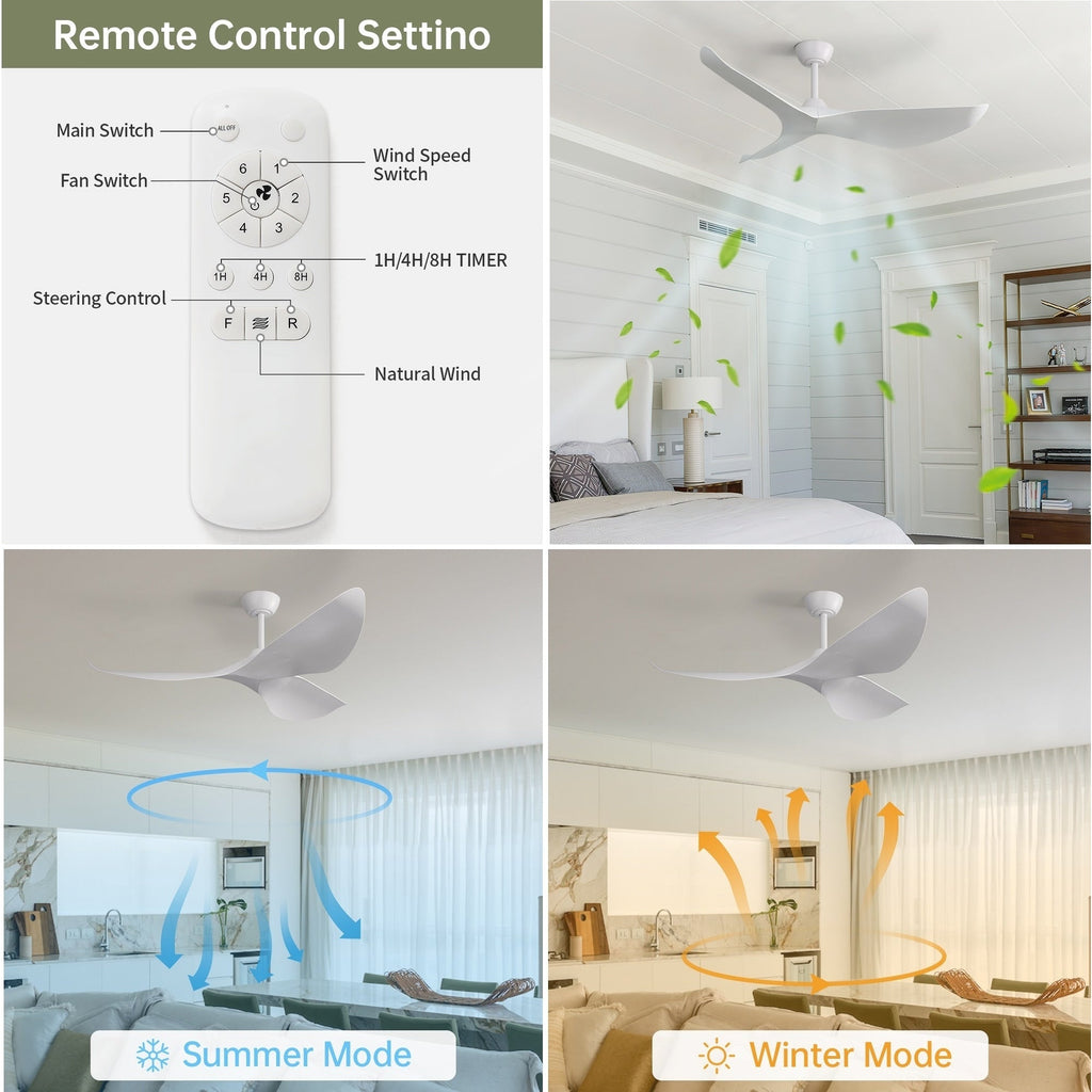 Ventilateur de plafond moderne de 132 cm (52 ​​pouces) en bois massif et ABS avec télécommande (sans éclairage), 6 vitesses de ventilation et flux d'air réversible.