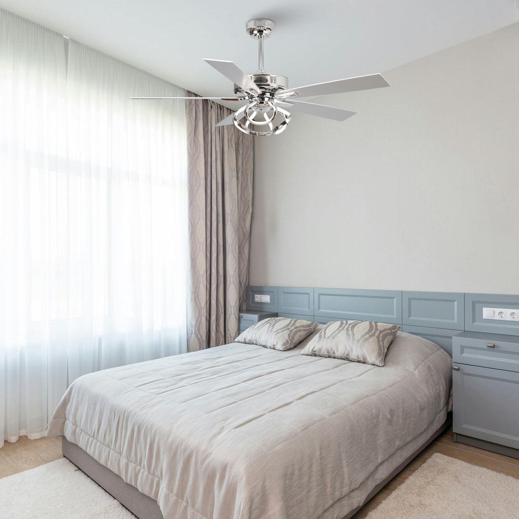 Ventilateur de plafond intérieur moderne chromé/noir de 52 pouces avec éclairage, télécommande et 5 pales réversibles