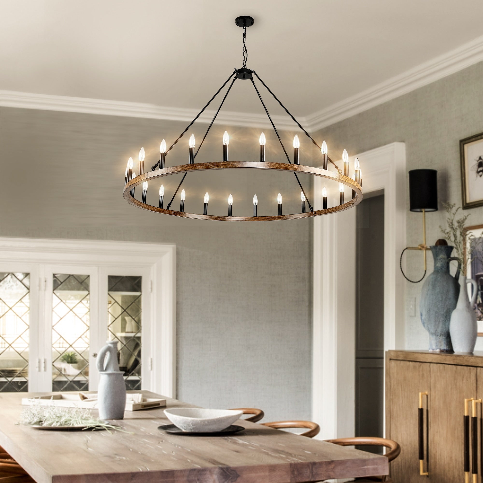 Lustre rond de 54 pouces en forme de roue de chariot avec 24 lumières