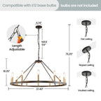 Lustre rond de 54 pouces en forme de roue de chariot avec 24 lumières