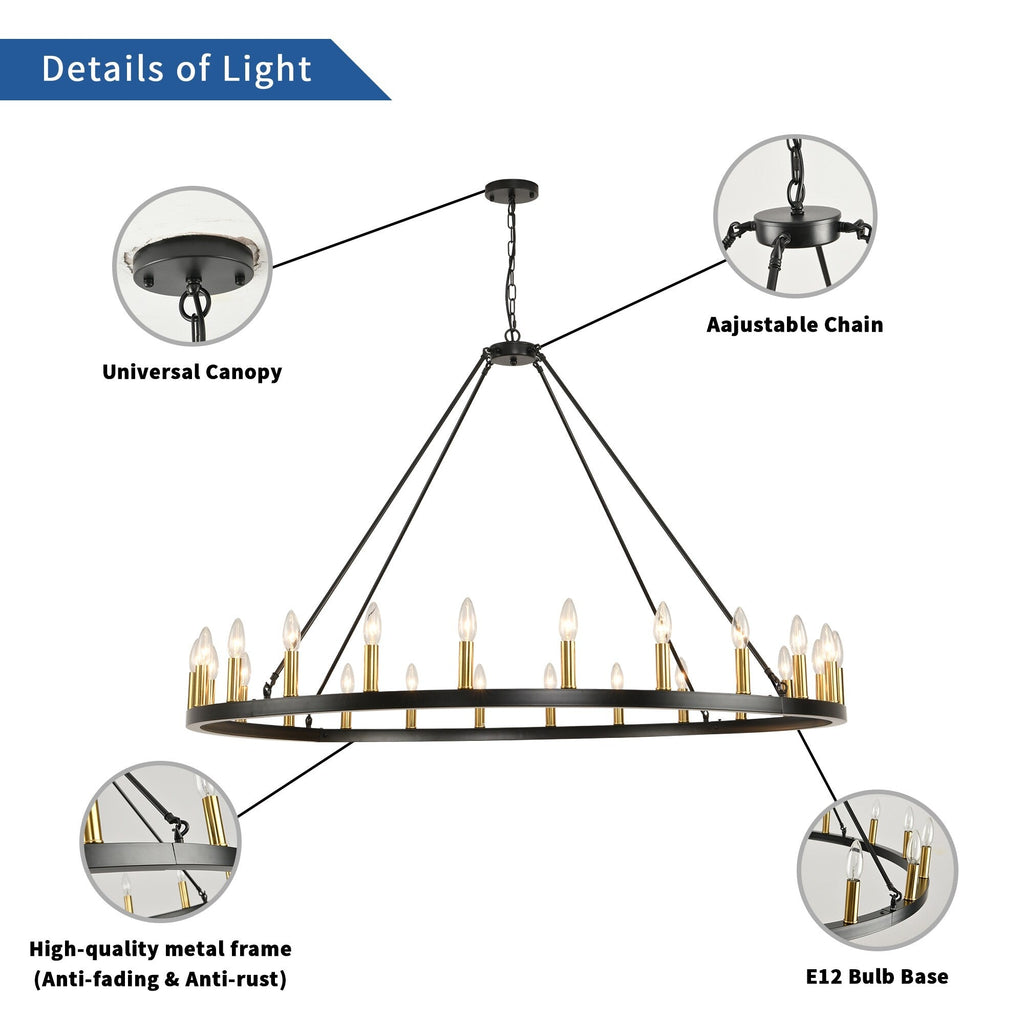 Lustre rond de 54 pouces en forme de roue de chariot avec 24 lumières