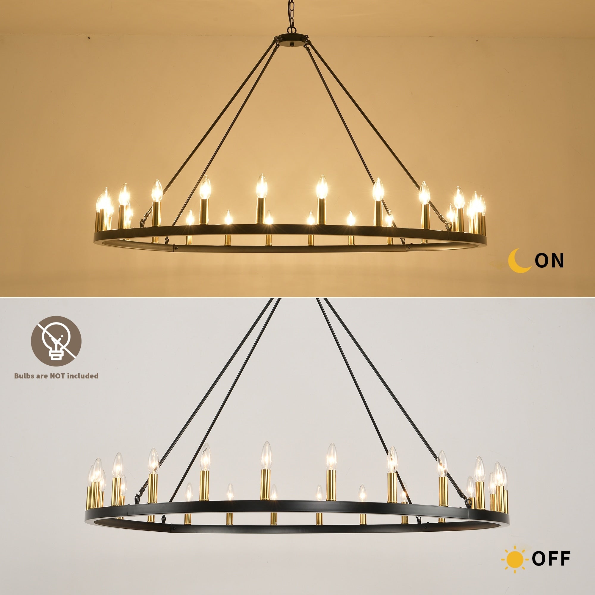 Lustre rond de 54 pouces en forme de roue de chariot avec 24 lumières