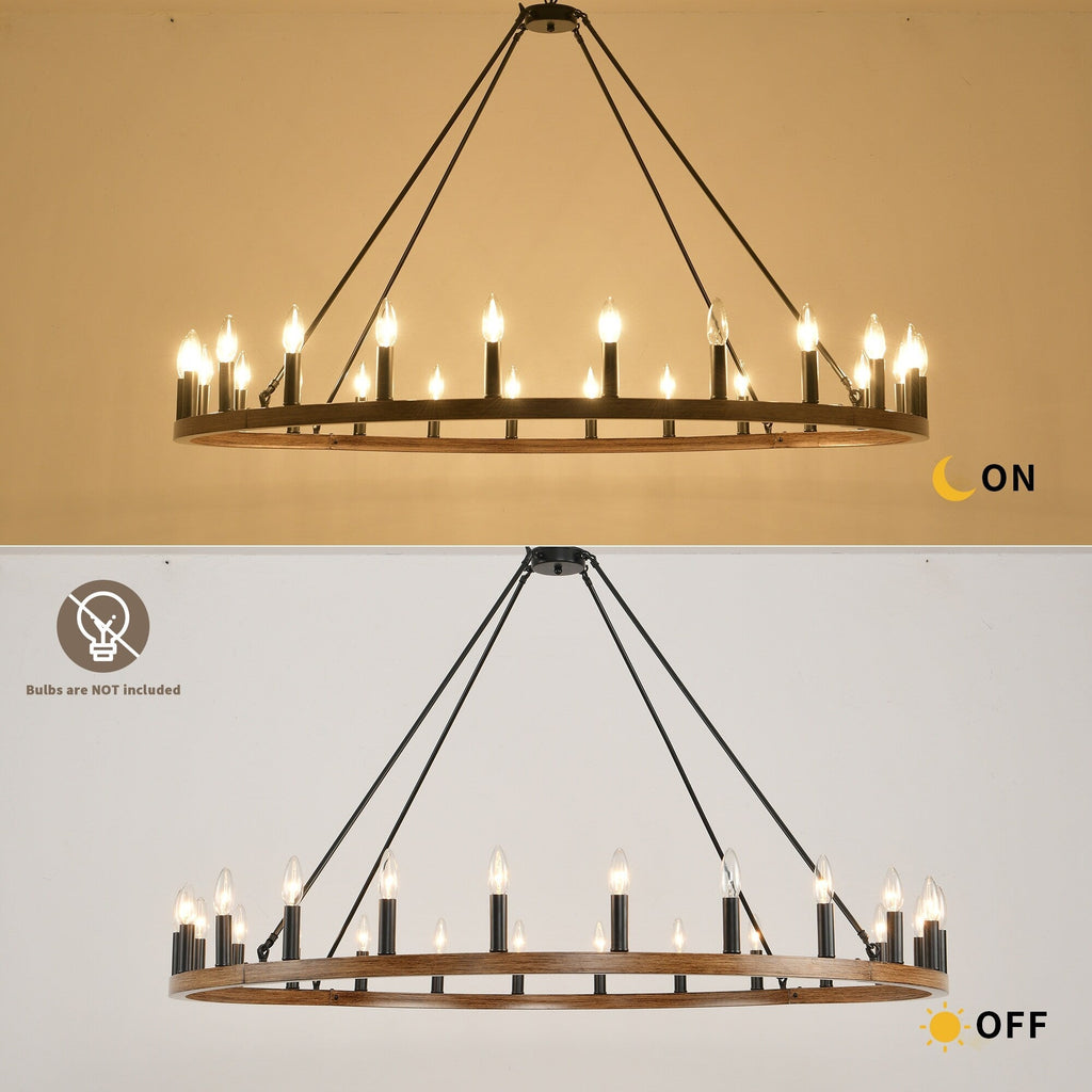 Lustre rond de 54 pouces en forme de roue de chariot avec 24 lumières