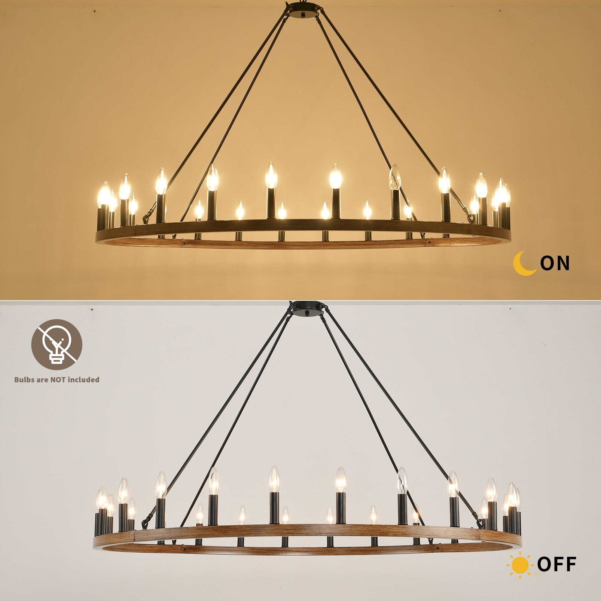 Lustre rond de 54 pouces en forme de roue de chariot avec 24 lumières