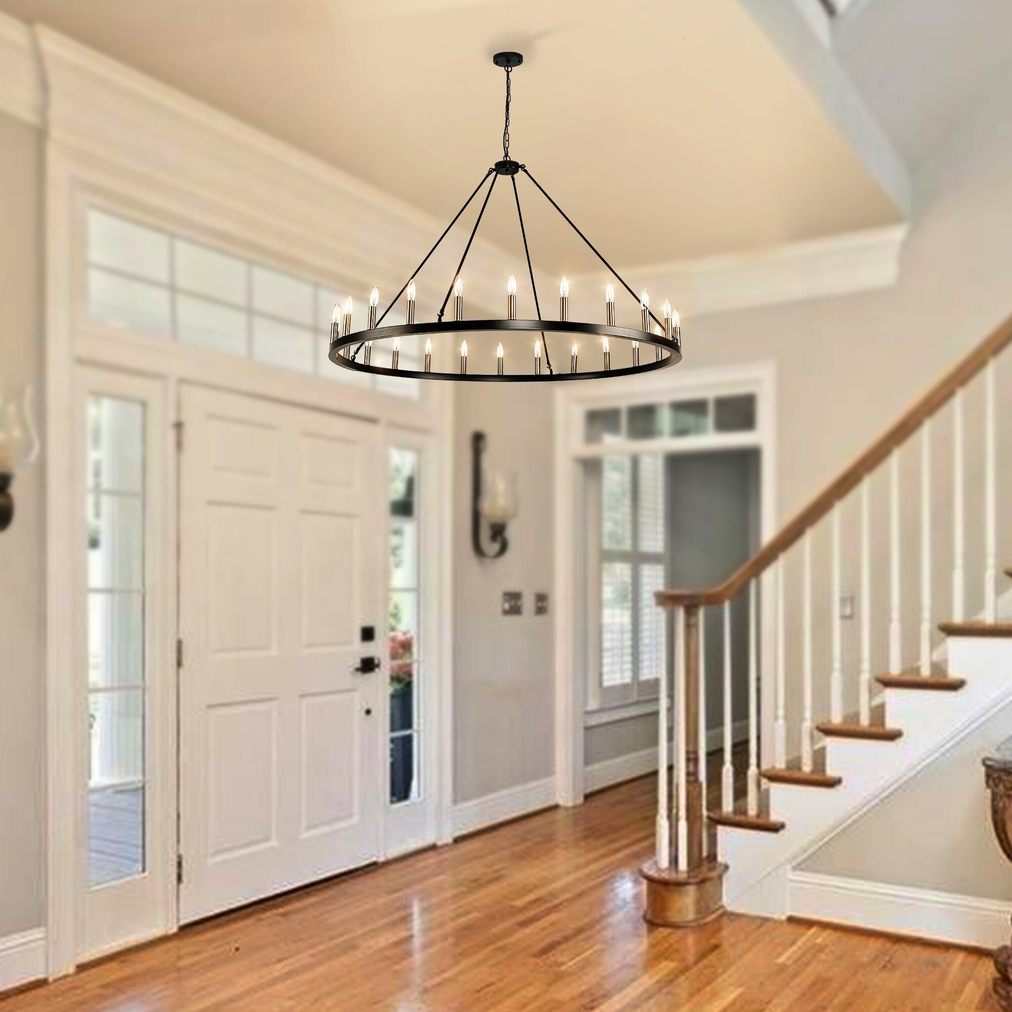 Lustre rond de 54 pouces en forme de roue de chariot avec 24 lumières