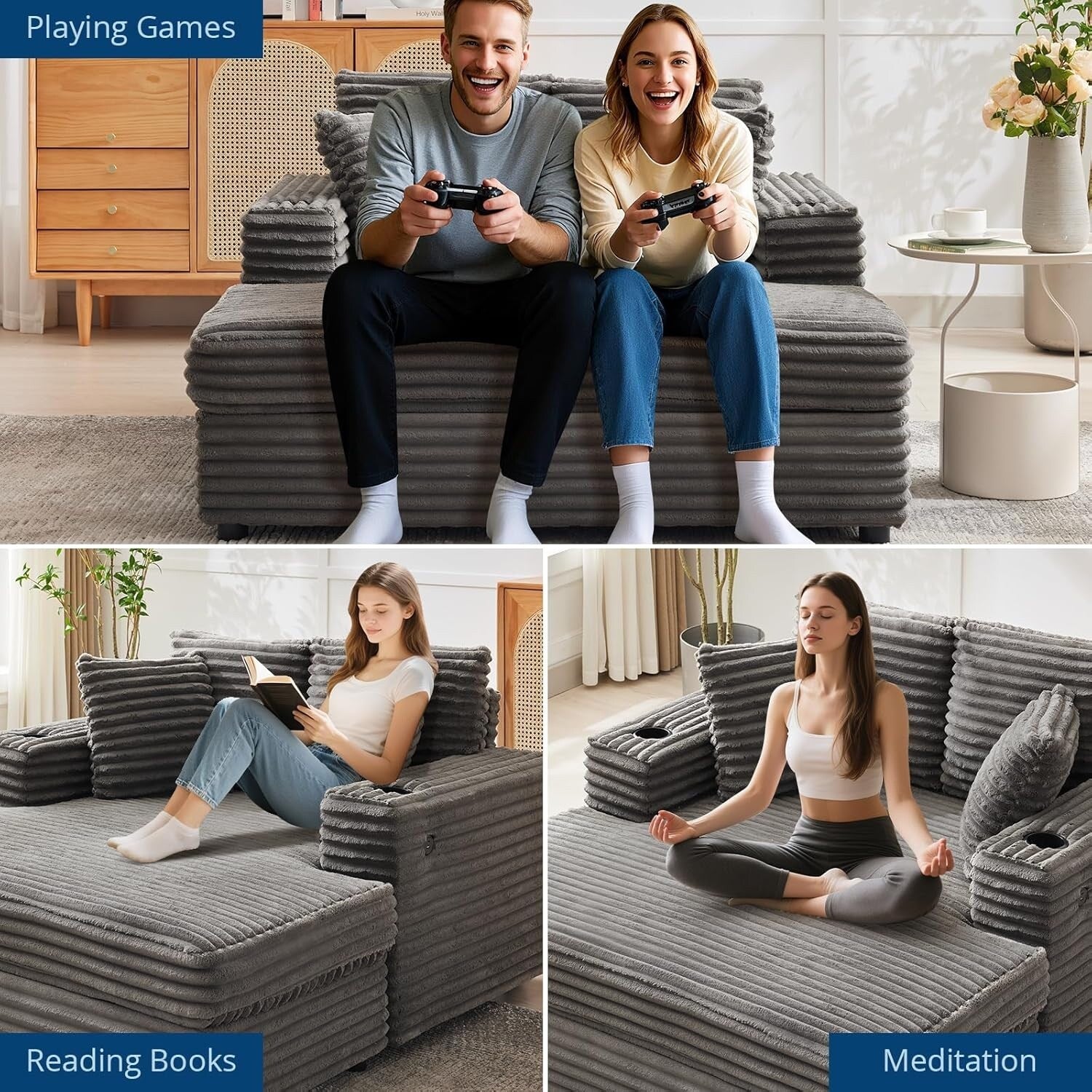 Canapé-lit rembourré de 137 cm avec coussins et accoudoirs, fauteuil de bar surdimensionné d'intérieur, canapé-lit confortable en velours côtelé