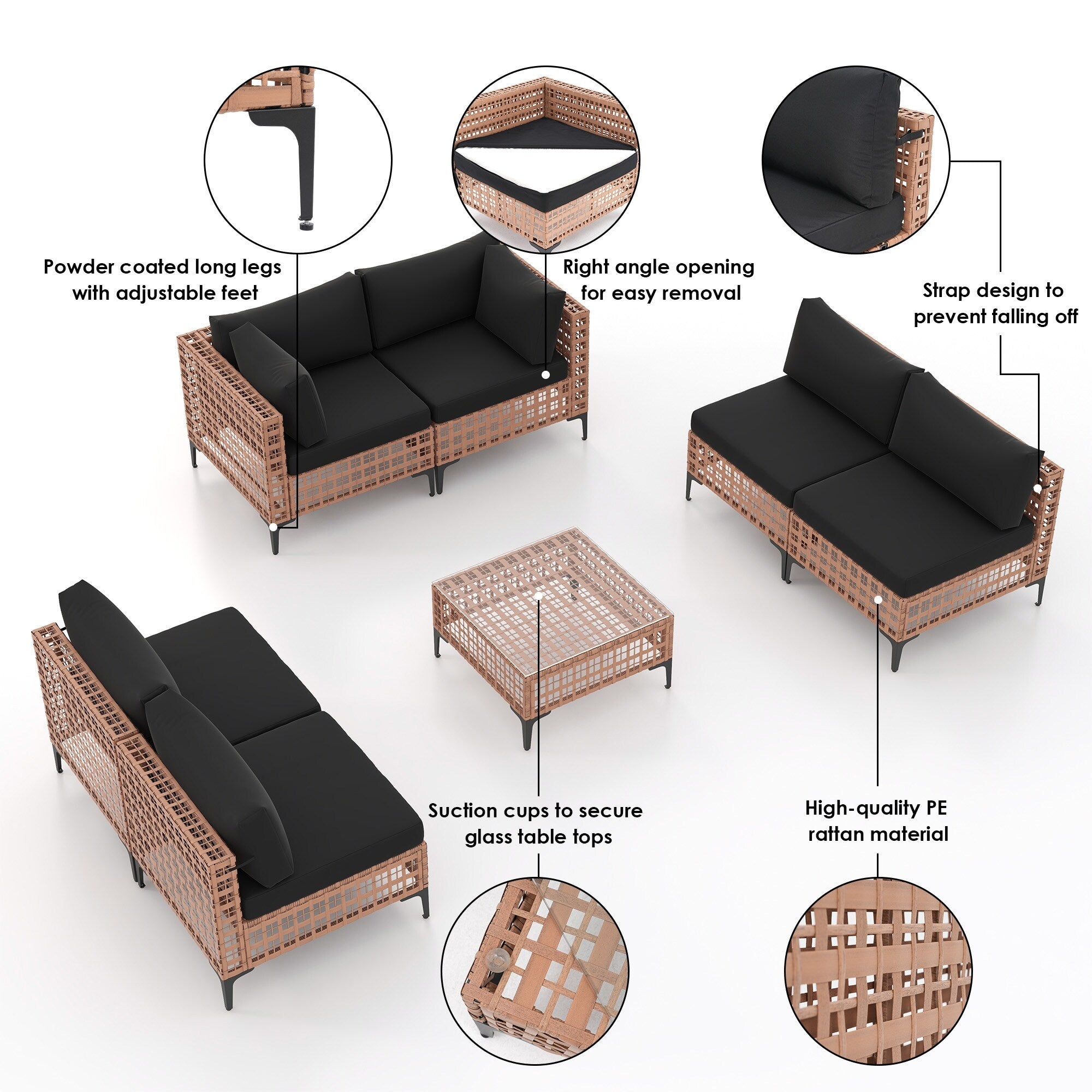 Ensemble de sièges d'extérieur modulables 6 personnes avec coussins