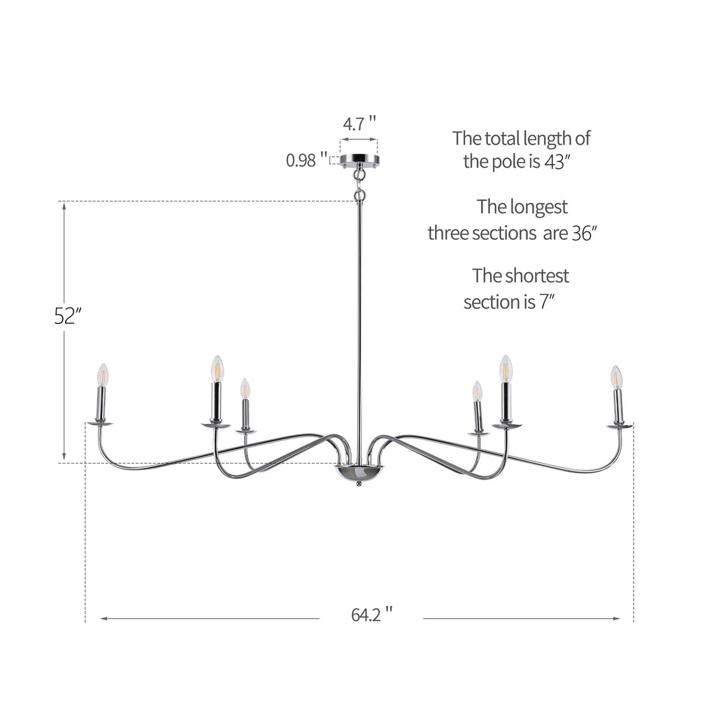 Lustre minimaliste à 6 lumières de 162,5 cm (64 pouces) en noir mat/or/chrome - Non disponible