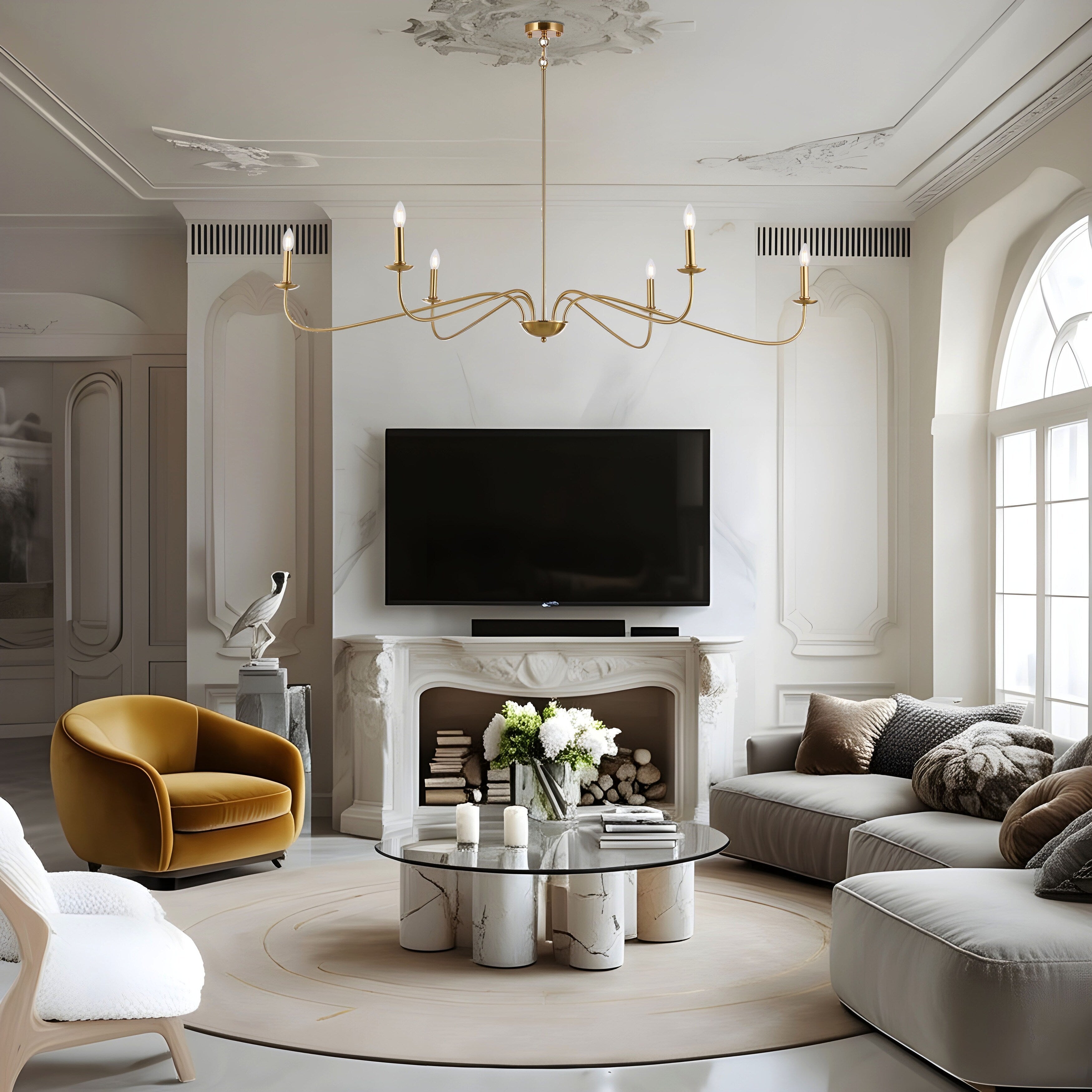 Lustre minimaliste à 6 lumières de 162,5 cm (64 pouces) en noir mat/or/chrome - Non disponible