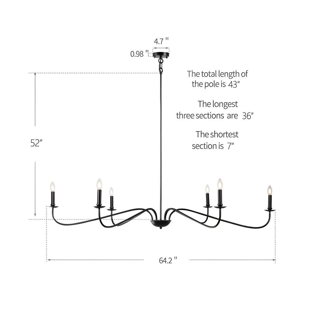Lustre minimaliste à 6 lumières de 162,5 cm (64 pouces) en noir mat/or/chrome - Non disponible