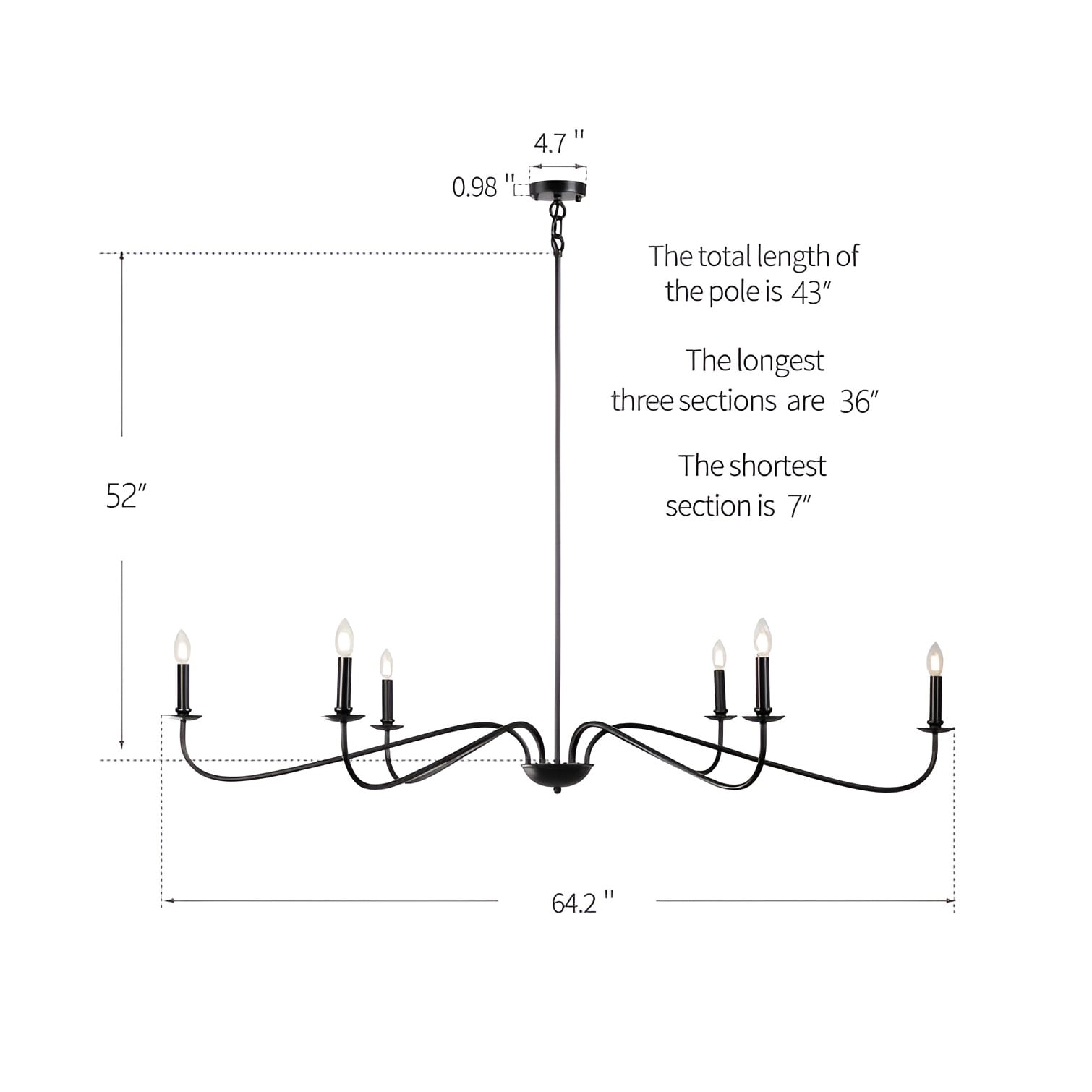 Lustre minimaliste à 6 lumières de 162,5 cm (64 pouces) en noir mat/or/chrome - Non disponible
