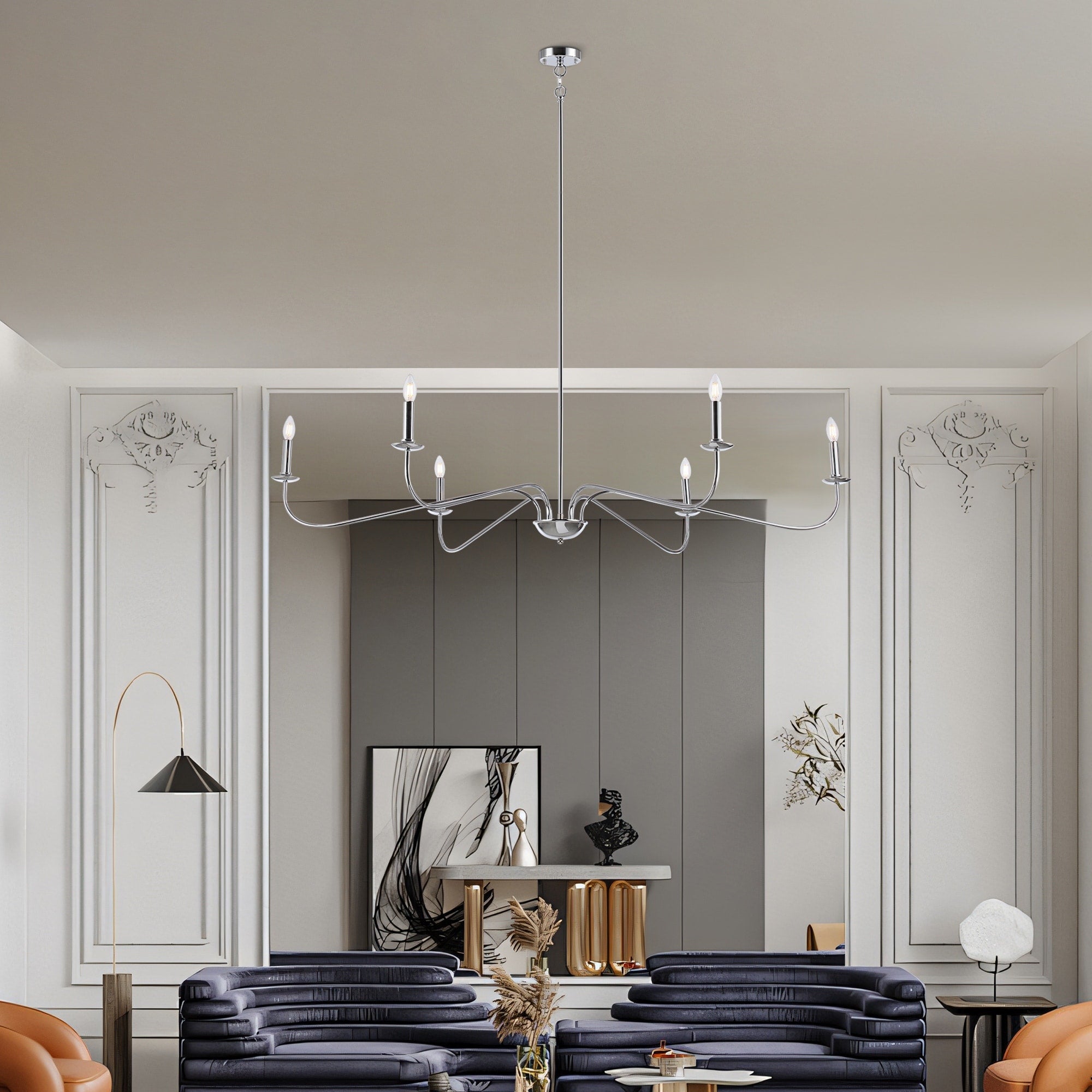 Lustre minimaliste à 6 lumières de 162,5 cm (64 pouces) en noir mat/or/chrome - Non disponible