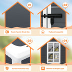 Abri de jardin en résine plastique tout temps avec plancher, dimensions : 1,83 m x 1,22 m / 1,83 m x 2,44 m / 2,44 m x 1,83 m / 2,44 m x 3,05 m.