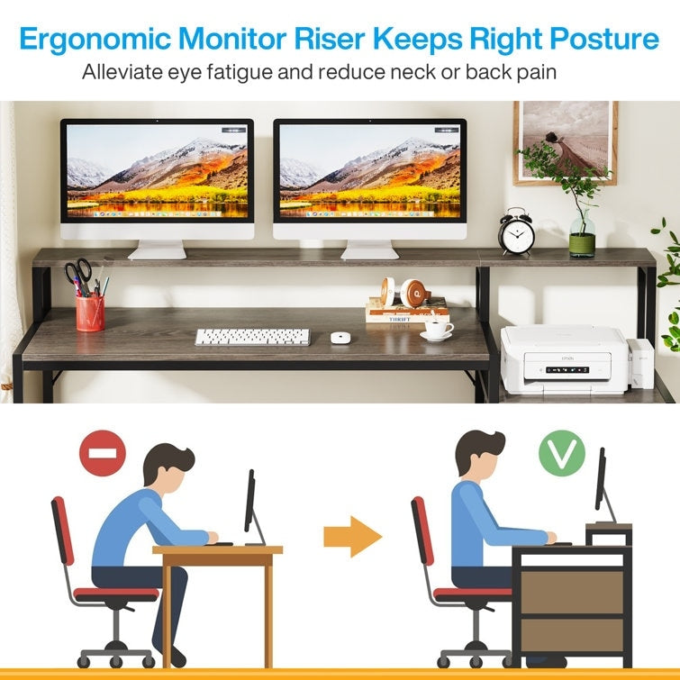 Bureau d'ordinateur 63 avec support pour écran, bureau ergonomique pour bureau à domicile avec tiroirs et classeur