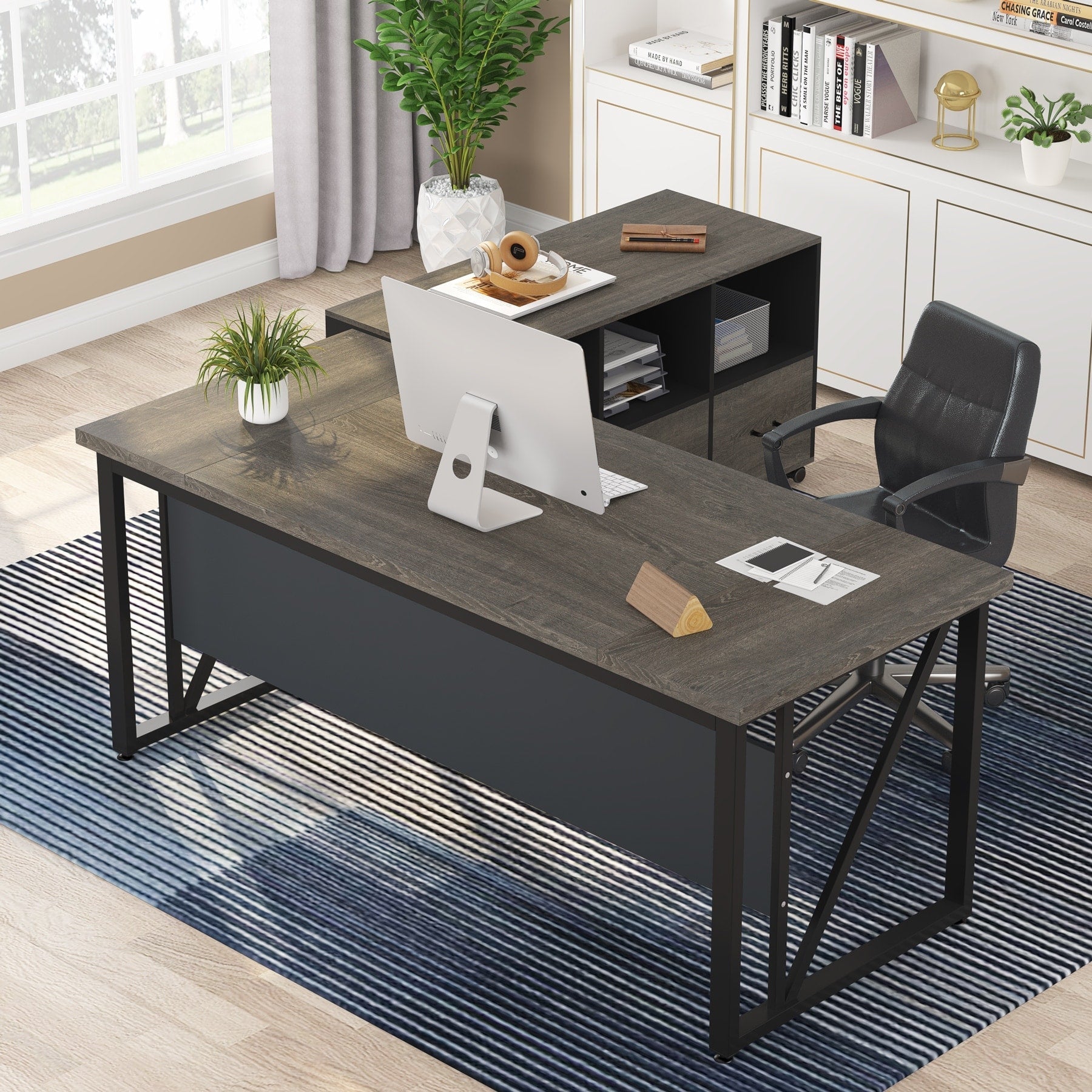 Bureau d'ordinateur en L de 63 pouces avec caisson latéral de 47 pouces, ensemble de bureau de direction pour bureau à domicile