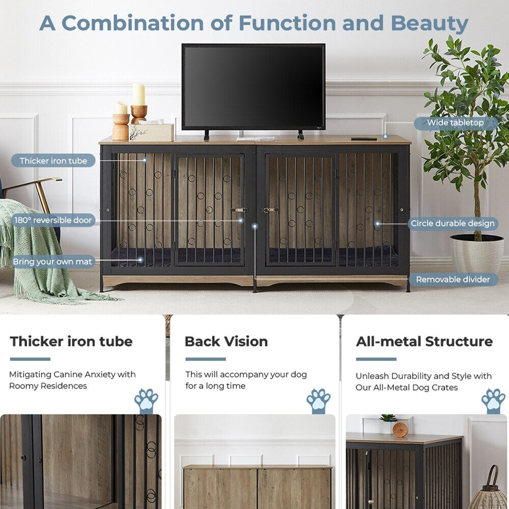 Meuble TV pour cage pour chien de grande race de 70,86 pouces avec coussin et double compartiment (coussin non inclus)