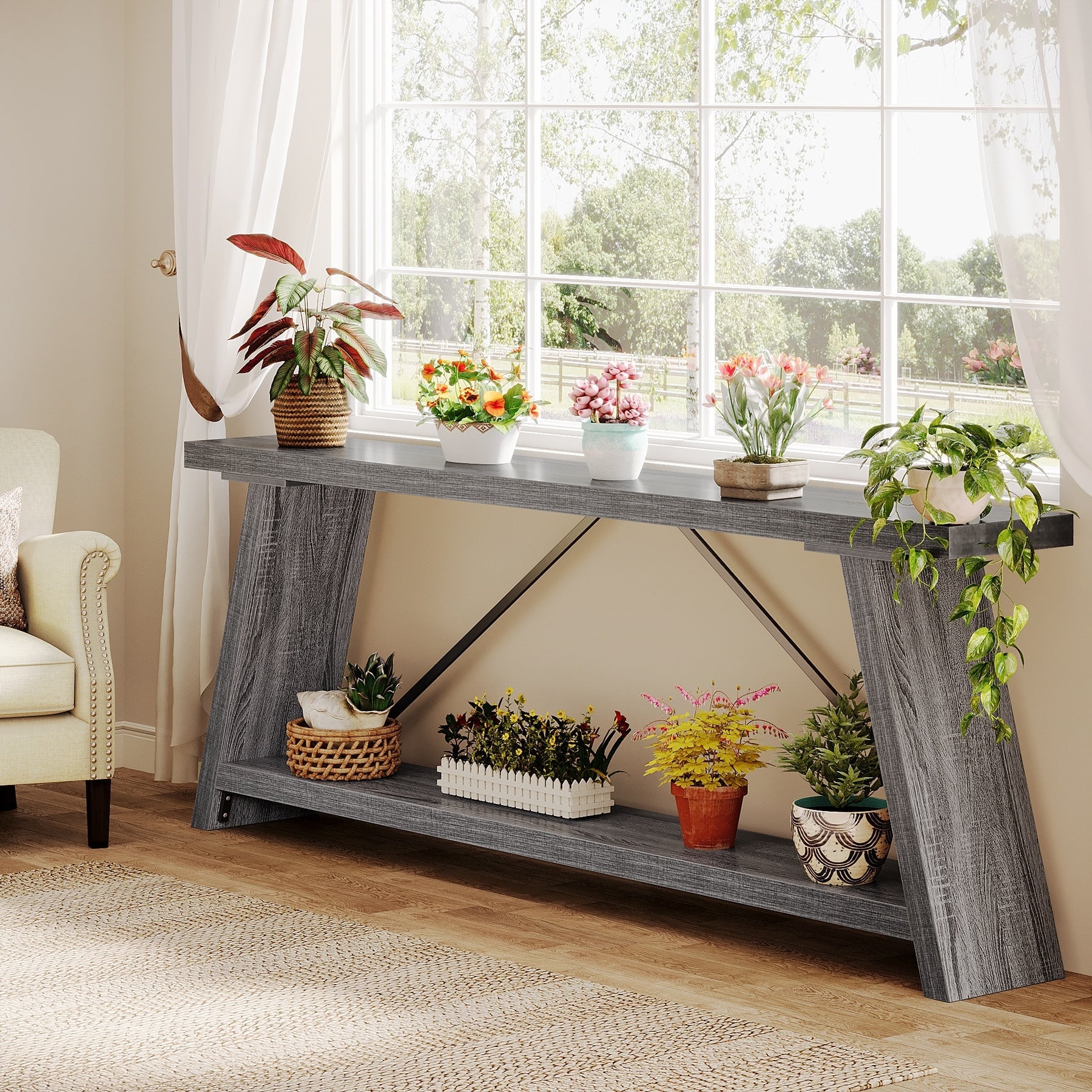 Console/table basse rustique en bois de 180 cm de long avec étagère de rangement